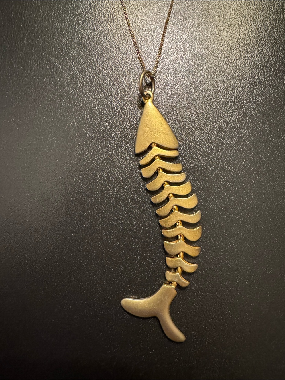 Gold Tone Articulated Fish Skeleton Pendant Necklace - 16–19” - Kinetic